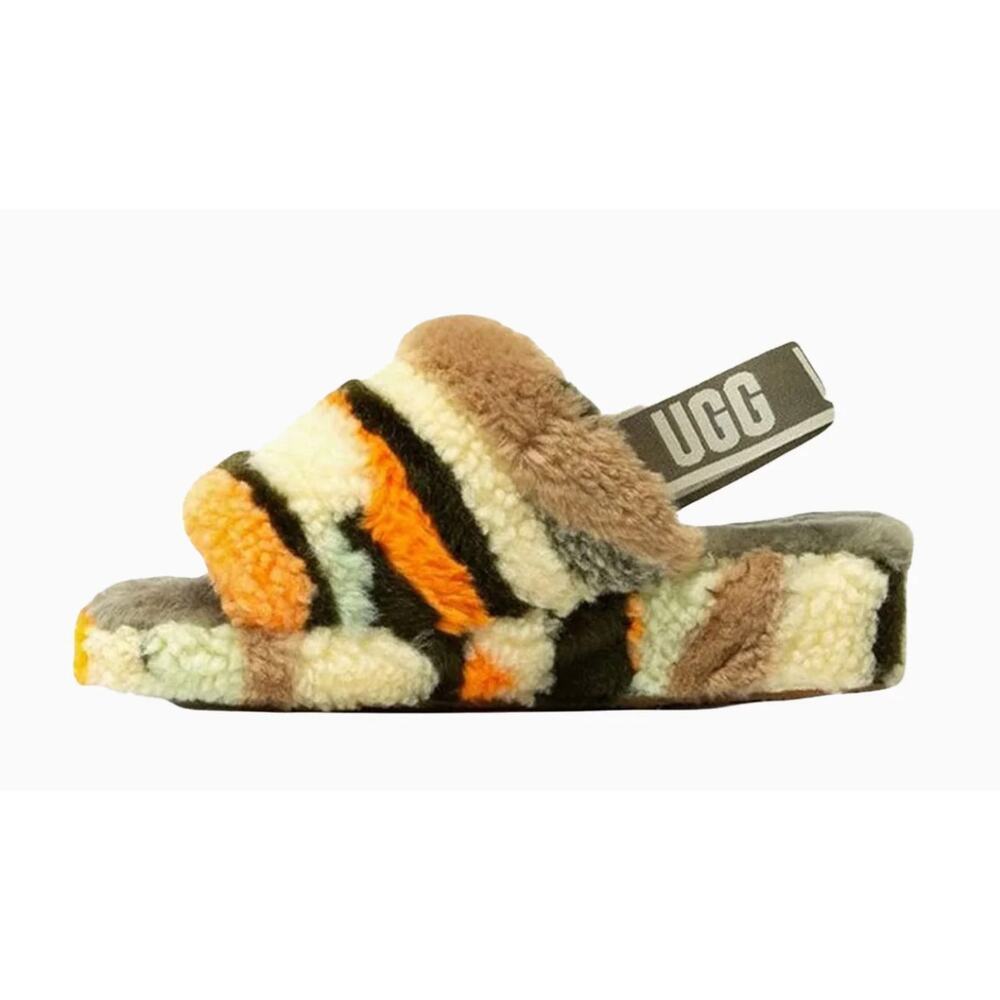 UGG Fluff Yeah Slide Cali Collage Sheepskin Sandals‎ Womens Sz 8 Elastic Strap